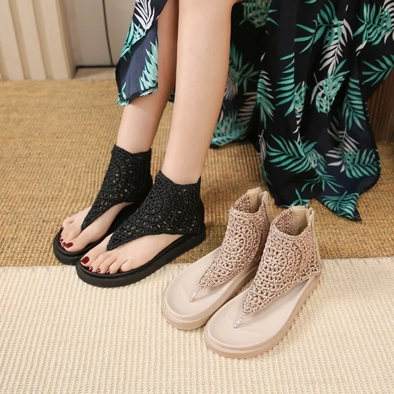 Summer New Korean Style Fashion Wedges Cut Out Knitting Flip Flops Genuine Leather Women High Toe Gladiator Sandals 2303