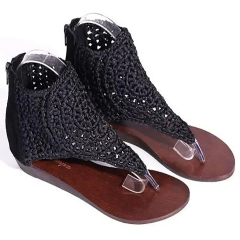 Summer New Korean Fashion Style Wedges Flip Flops Cut Out Genuine Leather Knitting Women High Top Gladiator Sandals 50105