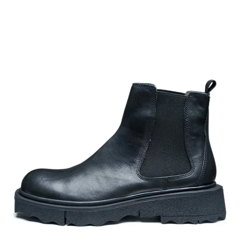 Spring Autumn New British Style Retro Chunky Bottom Simple Sewing Genuine Leather Men Ankle Short Chelsea Boots Winter Plush