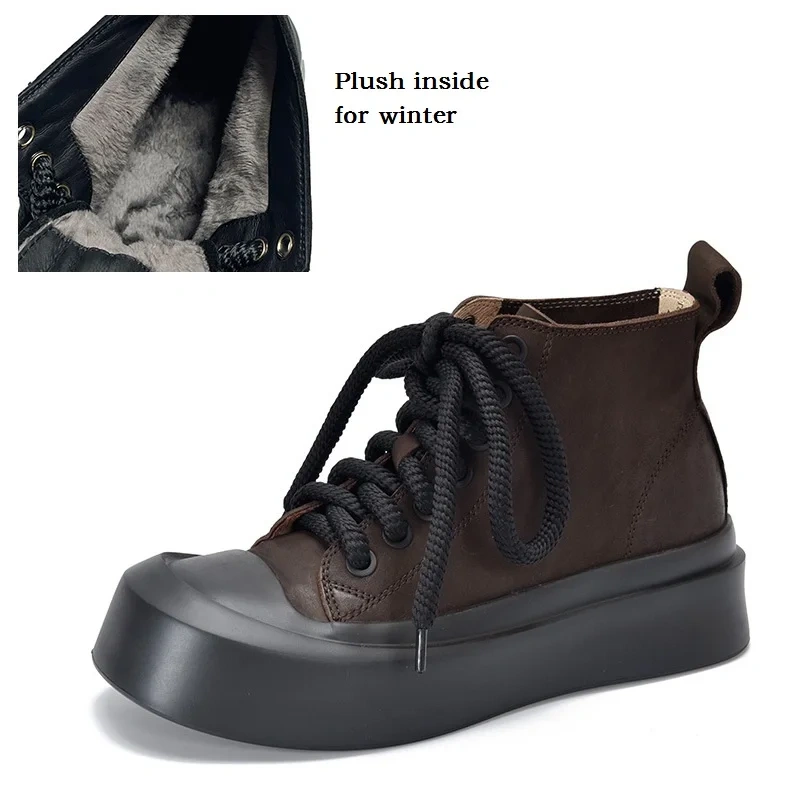 Spring Autumn Retro Chunky Bottom Platform Cross-tied Genuine Leather Women Ankle Short Motorcycle Boots Sneakers Winter Plush