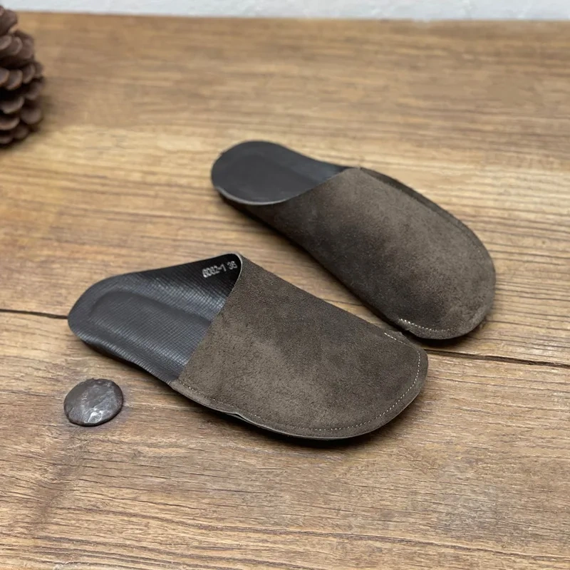 Summer New Outside European America Style Retro Flat Bottom Cover Toe Sewing Genuine Leather Women Casual Slippers 20231205