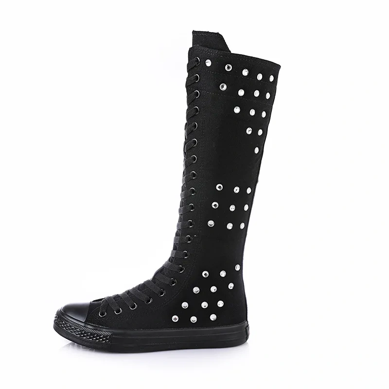Spring Autumn New High-top Slim Canvas Crystal Cross-tied Zipper Plus Size 42 43 Women Long Knee-High Boots Ladies Dance Shoes