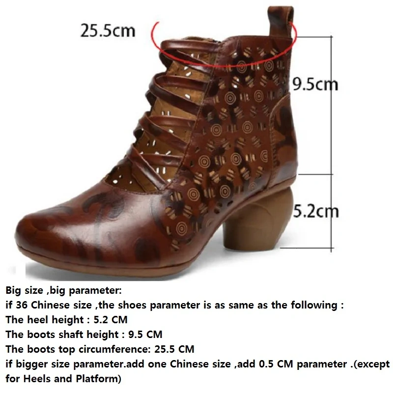 Summer New National Style Retro Thick High Heels Embossing Cut Out Hollow Genuine Leather Women Ankle High-top Equestrian Boots