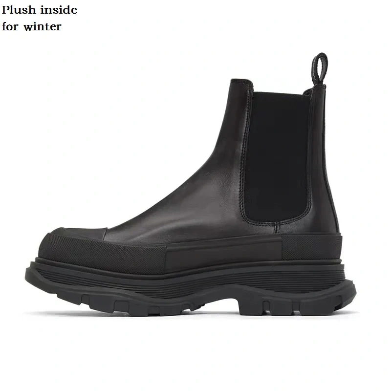 Spring Autumn New British Style Retro Chunky Bottom Platform Sewing Genuine Leather Men Ankle Short Chelsea Boots Winter Plush