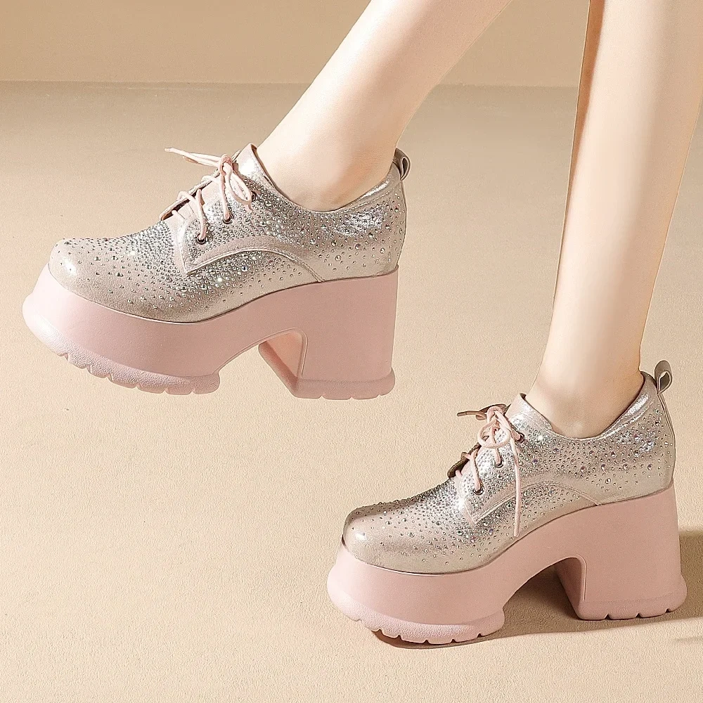 Spring Autumn New Fashion Sexy Height Increasing Square Toe Platform Cross-tied Bling Crystal Pigskin Inside Women Modern Pumps
