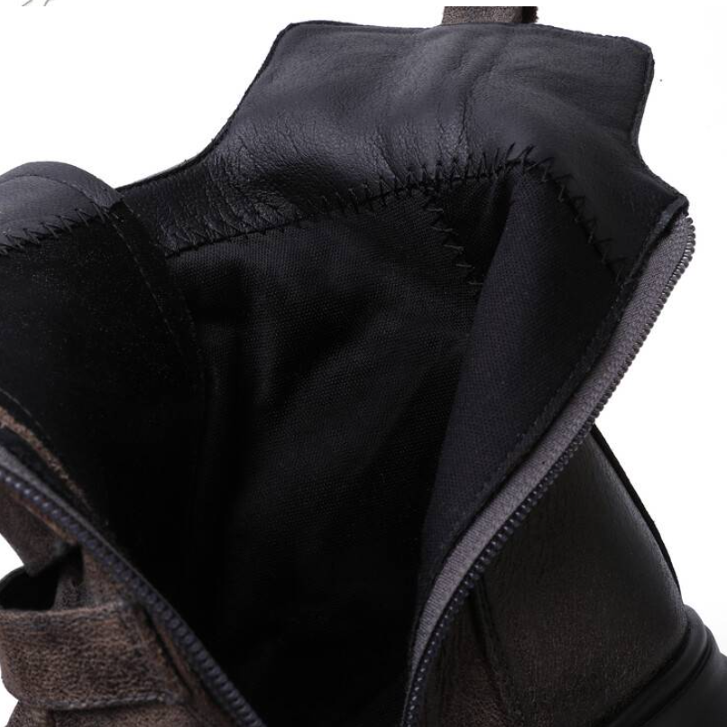 Spring Autumn New Retro 12 CM High Block Heels Platform Winter Short Plush Cross-tied Belt Buckle Genuine Leather Side Zipper Women Ankle Short Modern Boots 60126