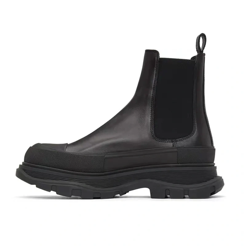 Spring Autumn New British Style Retro Chunky Bottom Platform Sewing Genuine Leather Men Ankle Short Chelsea Boots Winter Plush