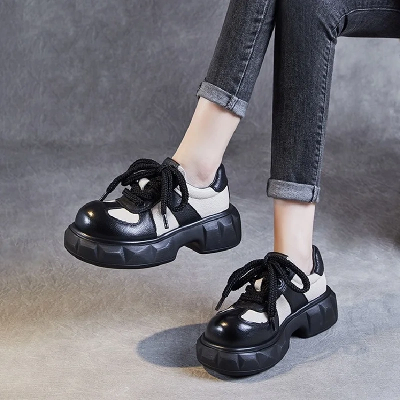 Spring Autumn New Leisure Chunky Bottom Platform Mixed Colors Lace-Up Genuine Leather Women Board Shoes Ladies Sneakers 2401