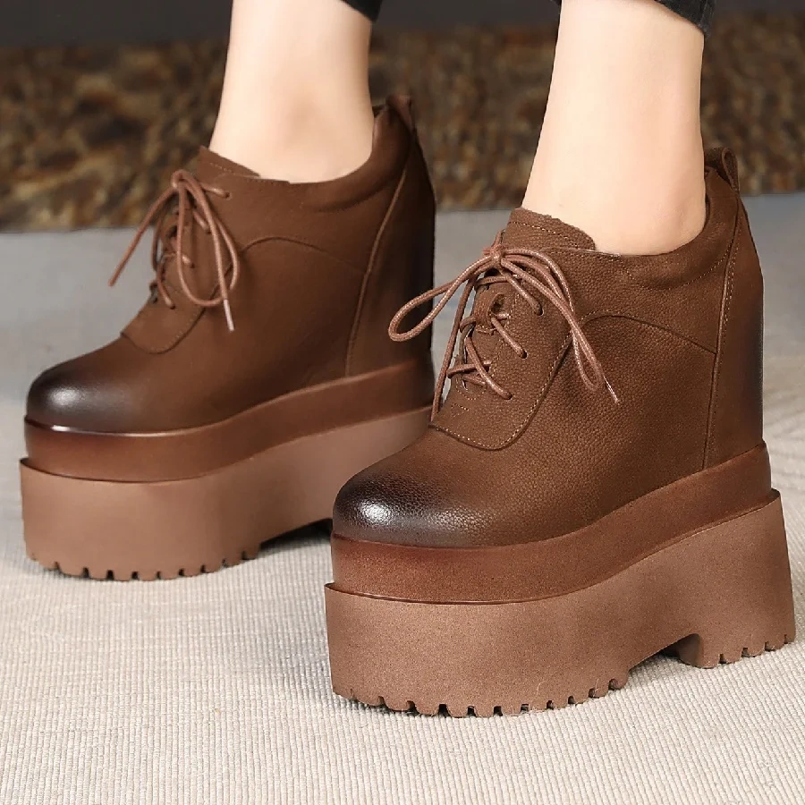 Spring Autumn New Retro Height Increasing 16 CM High Heels Platform Size 34-39 Cross-tied Full Grain Leather Women Modern Pumps