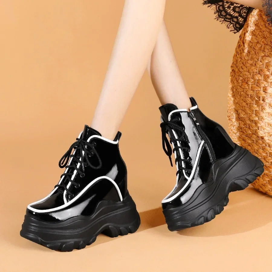 Spring Autumn New Fashion 12 CM Super High Heels Platform Cross-tied Patent Leather Women Ankle Short Modern Boots Winter Plush