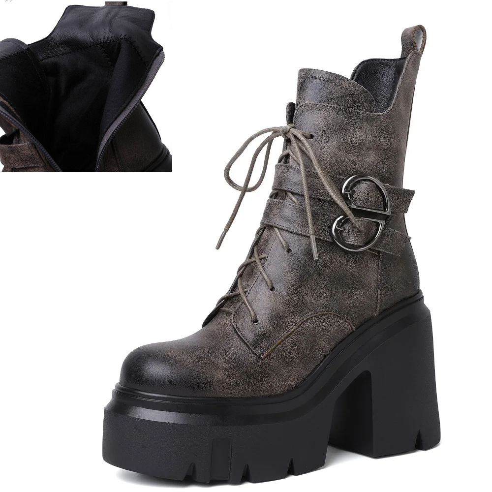 Spring Autumn New Retro 12 CM High Block Heels Platform Winter Short Plush Cross-tied Belt Buckle Genuine Leather Side Zipper Women Ankle Short Modern Boots 60126