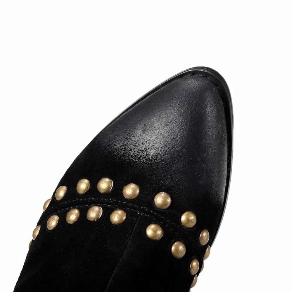 Women Winter Retro Thick Mid Heel Buckle Rivets Genuine Leather Flock Fashion Knee High Boots Size 33-41 SXQ1013