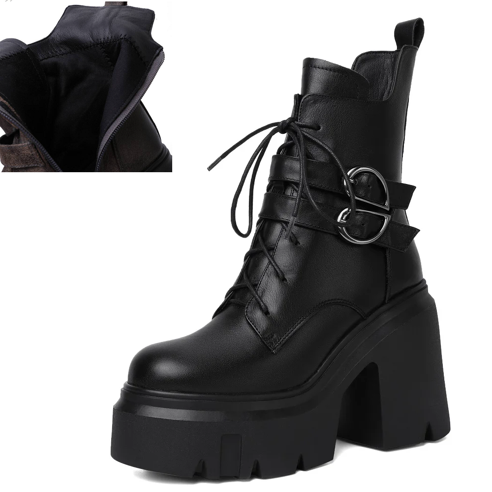 Spring Autumn New Retro 12 CM High Block Heels Platform Winter Short Plush Cross-tied Belt Buckle Genuine Leather Side Zipper Women Ankle Short Modern Boots 60126