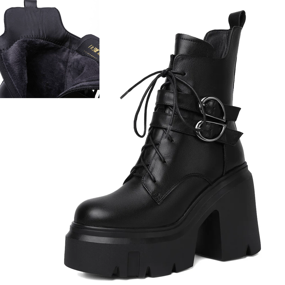 Spring Autumn New Retro 12 CM High Block Heels Platform Winter Short Plush Cross-tied Belt Buckle Genuine Leather Side Zipper Women Ankle Short Modern Boots 60126