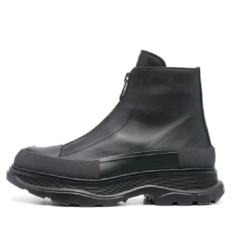 Spring Autumn New British Style Chunky Bottom Platform Zipper Black Genuine Leather Men Ankle Short Motorcycle Boots Sneakers