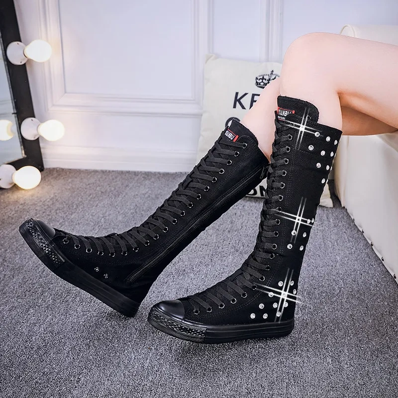 Spring Autumn New High-top Slim Canvas Crystal Cross-tied Zipper Plus Size 42 43 Women Long Knee-High Boots Ladies Dance Shoes