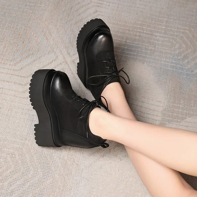 Spring Autumn New Retro Height Increasing 16 CM High Heels Platform Size 34-39 Cross-tied Full Grain Leather Women Modern Pumps