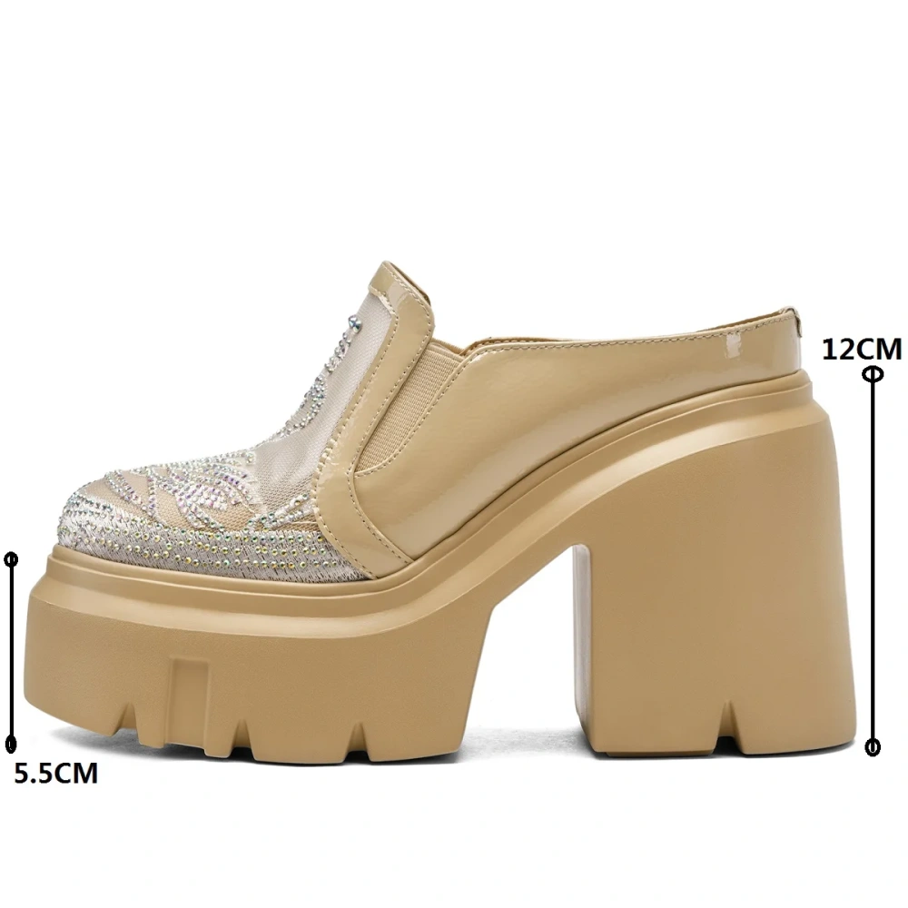 Women 12 CM Wedge Thick Sole Spring Summer Semi Slip On Pumps Loafers Crystal Mesh Hollow Out Breathable Comfort Slippers 50221