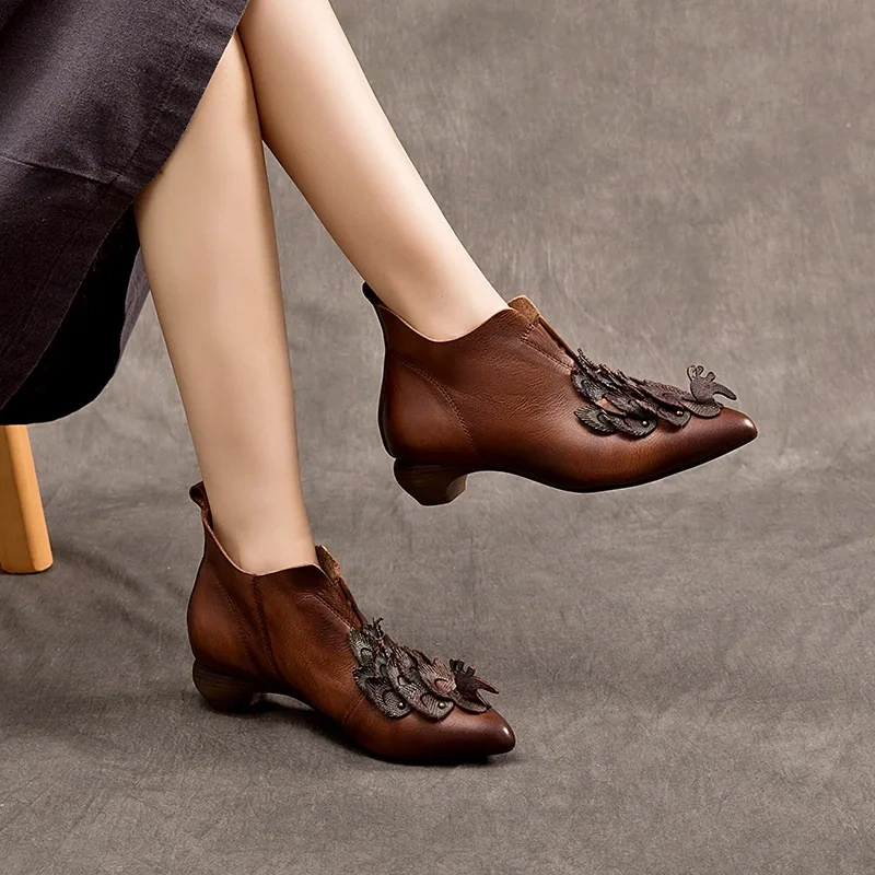 Spring Autumn New National Style Thick Heels Pointed Toe Peacock Slip-On Genuine Leather Women Ankle Short Motorcycle Boots 2505