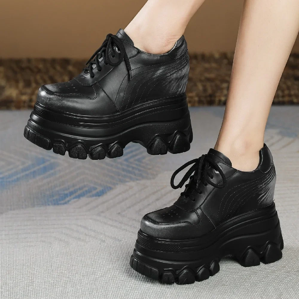 Spring Autumn New Korean Style Slim Height Increasing Platform Mixed Colors Lace-Up Genuine Leather Women Casual Shoes Sneakers