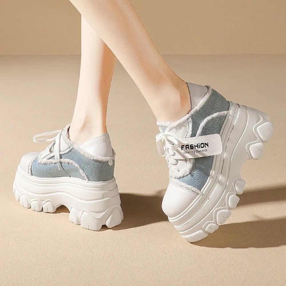 Spring Autumn Sexy Super High Heels Wedges Platform Cross-tied Tassel Genuine Leather Patchwork Denim Women Modern Pumps 2307
