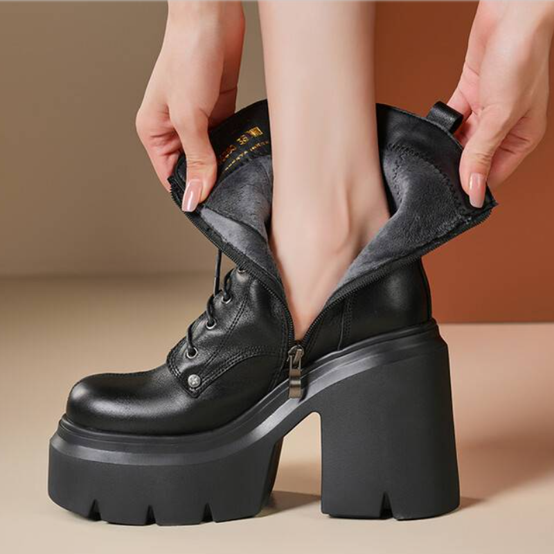 Spring Autumn Winter New Retro 12 CM Super High Heels Platform Cross-tied Rivet Genuine Leather Side Zipper Women Mid-Calf Equestrian Boots 60126