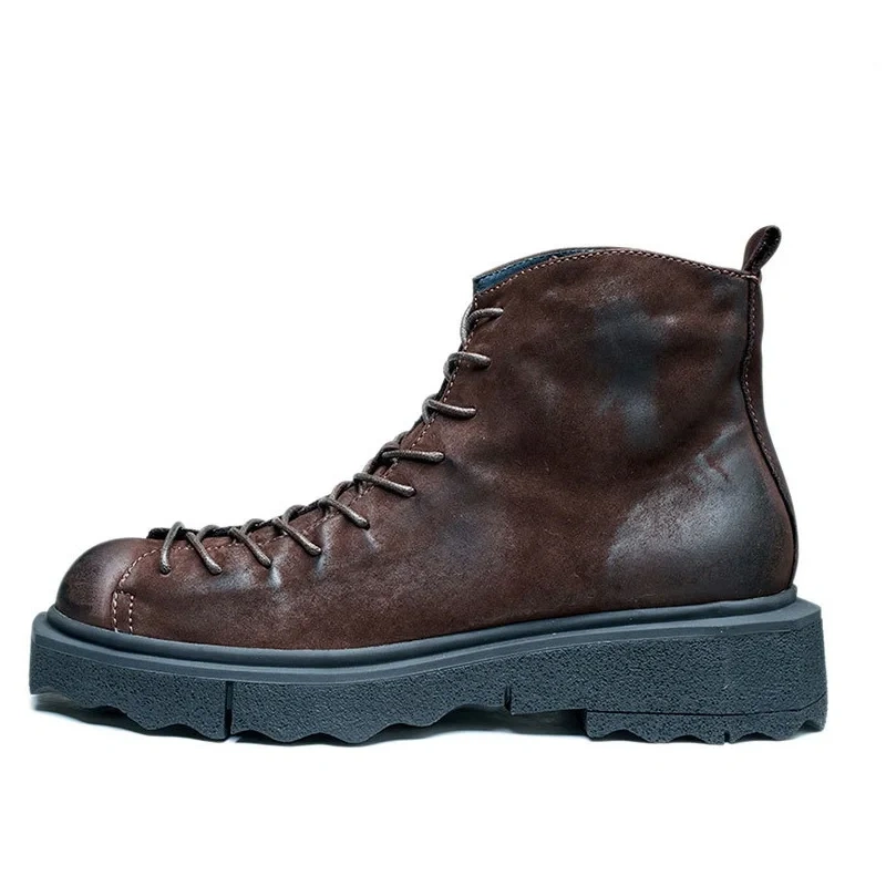 Spring Autumn New British Style Retro Chunky Bottom Sewing Cross-tied Genuine Leather Men Ankle High Top Work Safety Boots 2308