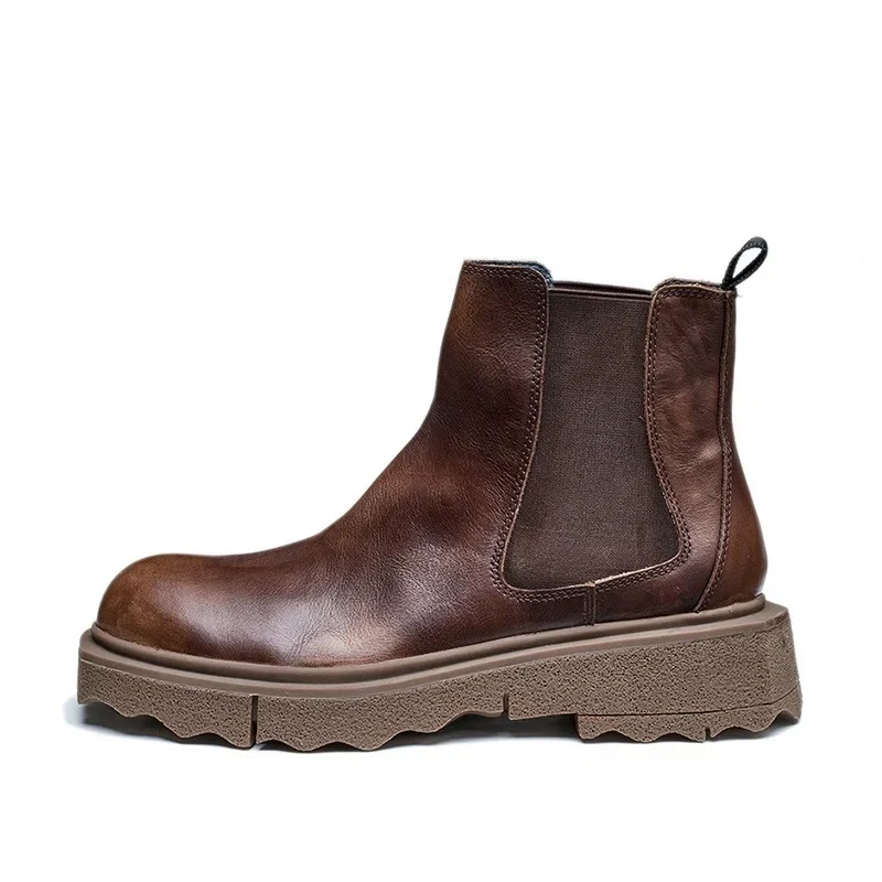 Spring Autumn New British Style Retro Chunky Bottom Simple Sewing Genuine Leather Men Ankle Short Chelsea Boots Winter Plush