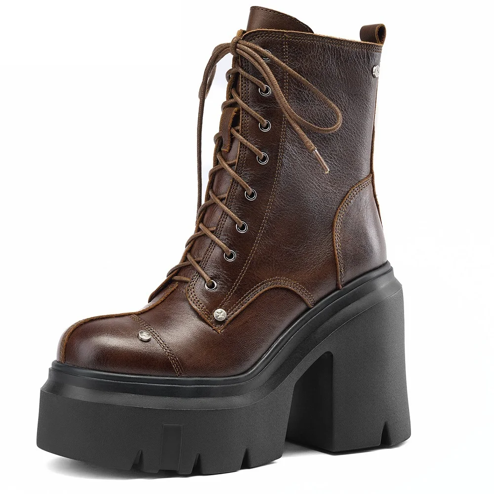 Spring Autumn Winter New Retro 12 CM Super High Heels Platform Cross-tied Rivet Genuine Leather Side Zipper Women Mid-Calf Equestrian Boots 60126