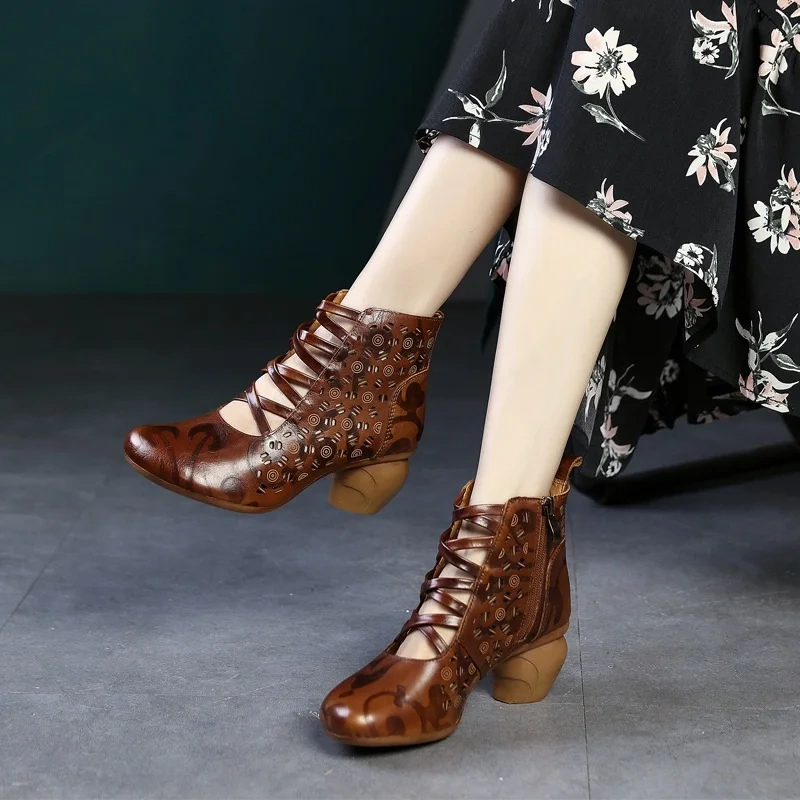 Summer New National Style Retro Thick High Heels Embossing Cut Out Hollow Genuine Leather Women Ankle High-top Equestrian Boots