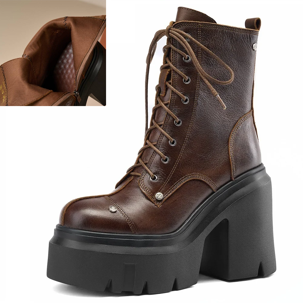 Spring Autumn Winter New Retro 12 CM Super High Heels Platform Cross-tied Rivet Genuine Leather Side Zipper Women Mid-Calf Equestrian Boots 60126