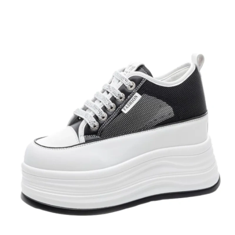 Women's Summer Fashion 12 CM Hidden Heel Genuine Leather Mesh Breathable Sneakers Lace Up Hollow Out Casual Shoes 50522