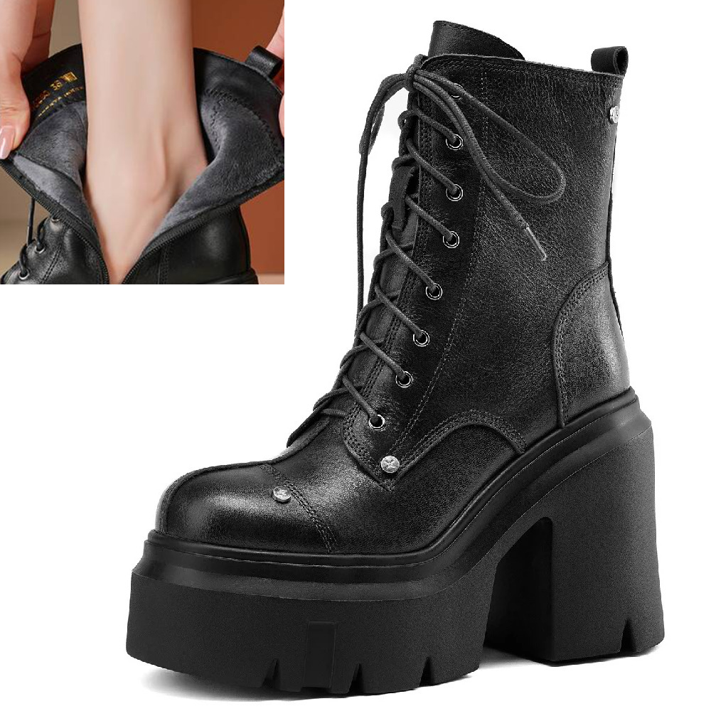 Spring Autumn Winter New Retro 12 CM Super High Heels Platform Cross-tied Rivet Genuine Leather Side Zipper Women Mid-Calf Equestrian Boots 60126