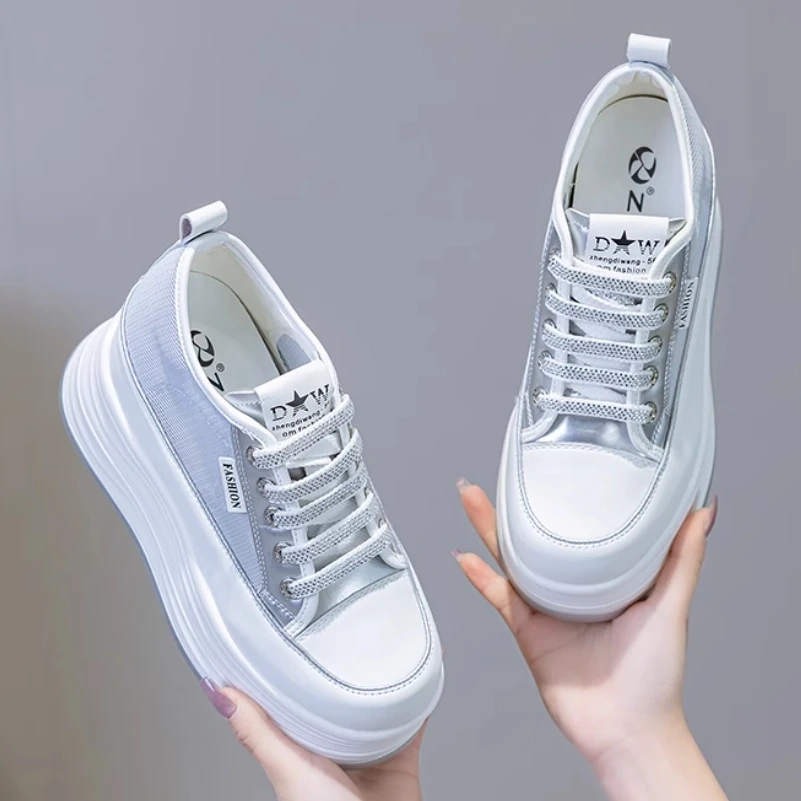Women's Summer Fashion 12 CM Hidden Heel Genuine Leather Mesh Breathable Sneakers Lace Up Hollow Out Casual Shoes 50522