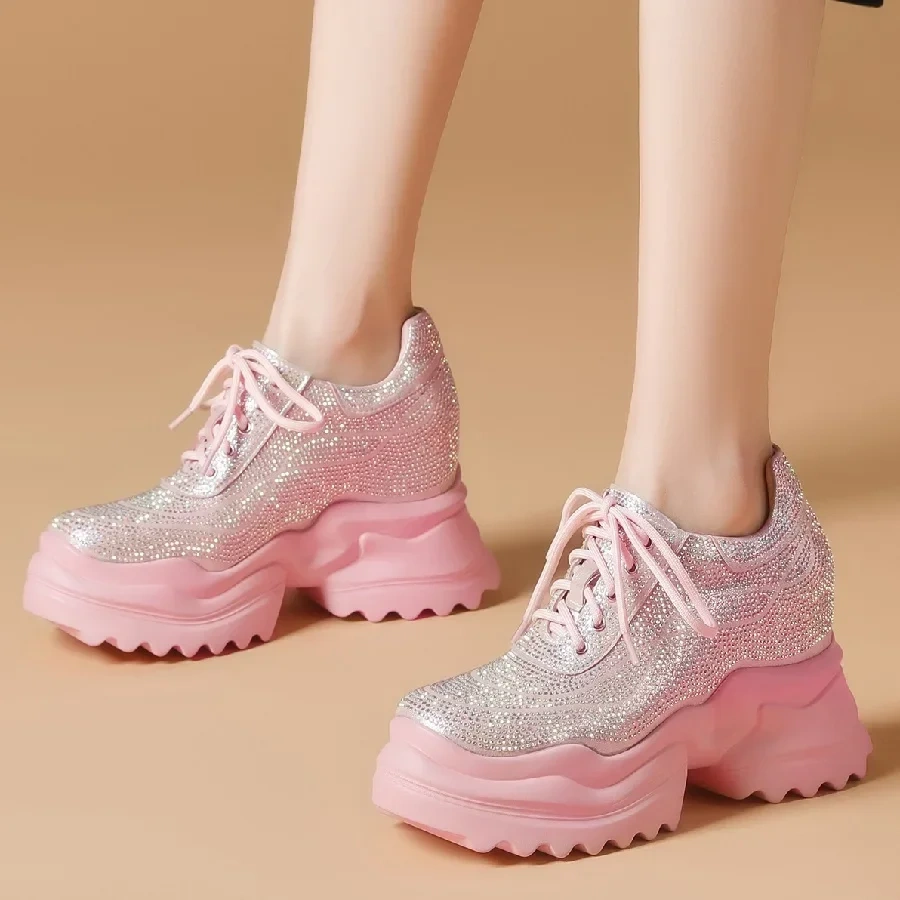 Spring Autumn New Korean Style Sexy Height Increasing Platform Cross-tied Crystal Genuine Leather Women Casual Shoes Sneakers