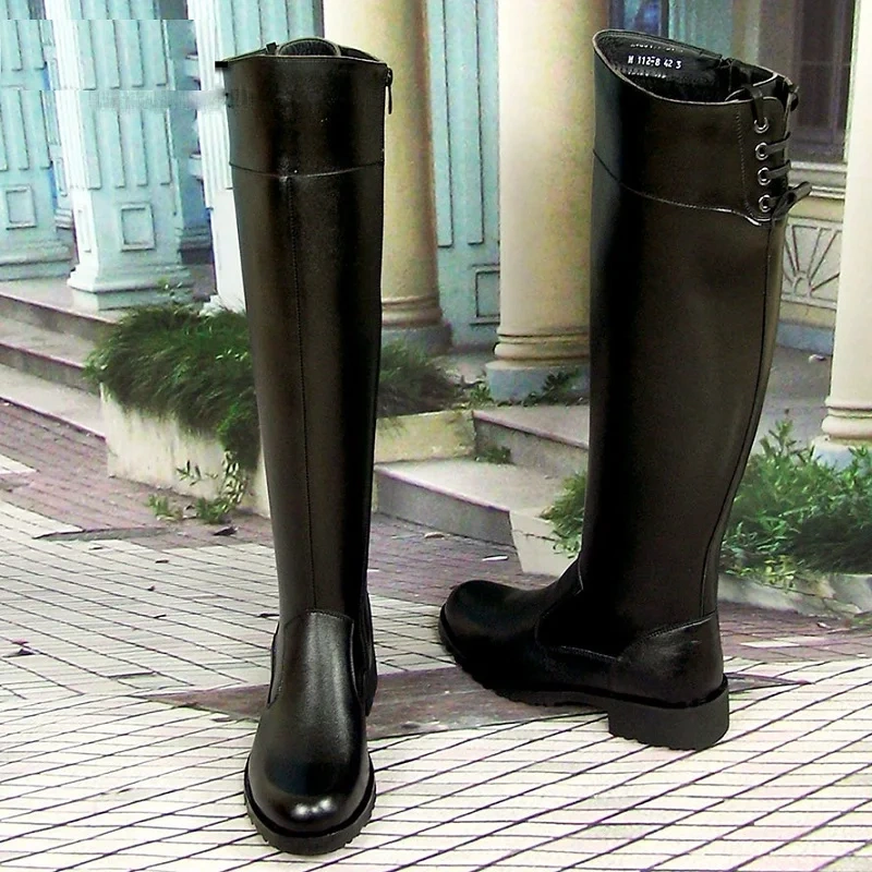 Spring Autumn Men Genuine Leather Mesh Inside High Equestrian Boots Winter Male Plush Long Botas Knight Boots 191125