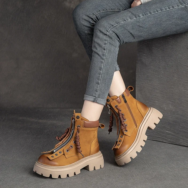 Spring Autumn New Retro Chunky Bottom Platform Rivet Cross-tied Zipper Genuine Leather Women Ankle High Top Motorcycle Boots