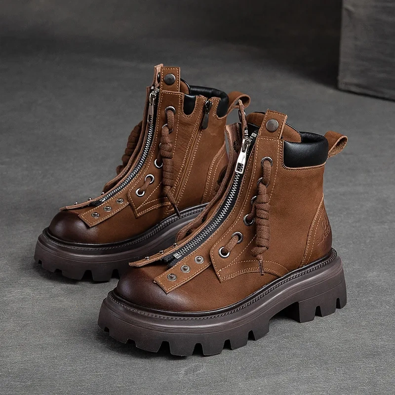 Spring Autumn New Retro Chunky Bottom Platform Rivet Cross-tied Zipper Genuine Leather Women Ankle High Top Motorcycle Boots