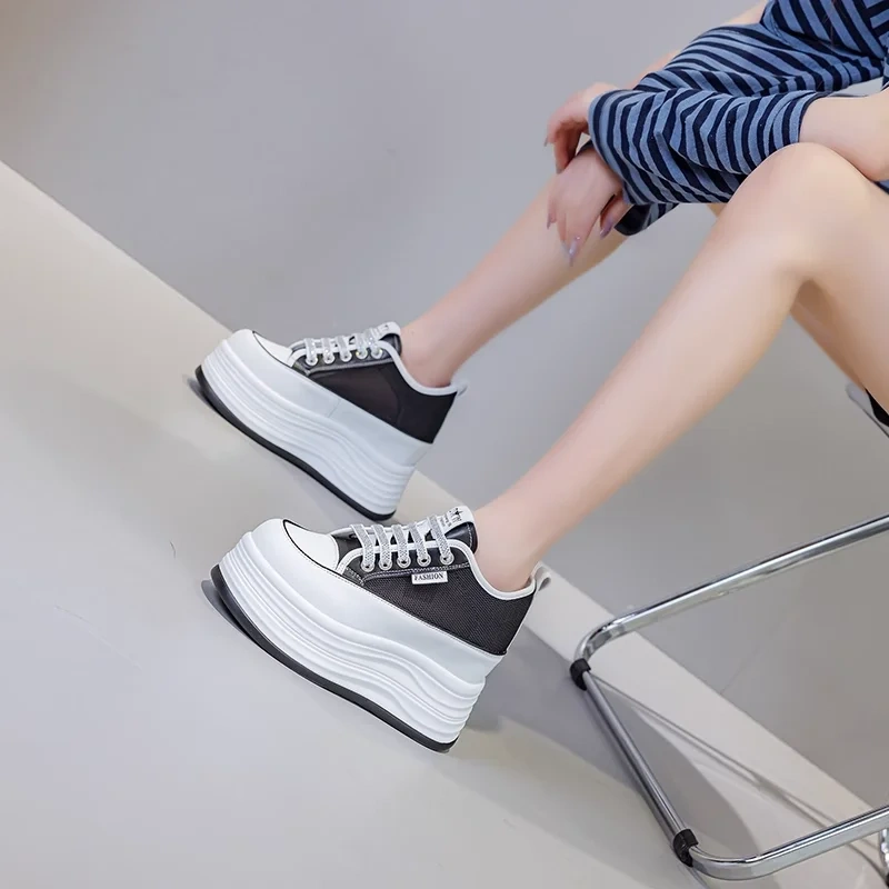 Women's Summer Fashion 12 CM Hidden Heel Genuine Leather Mesh Breathable Sneakers Lace Up Hollow Out Casual Shoes 50522