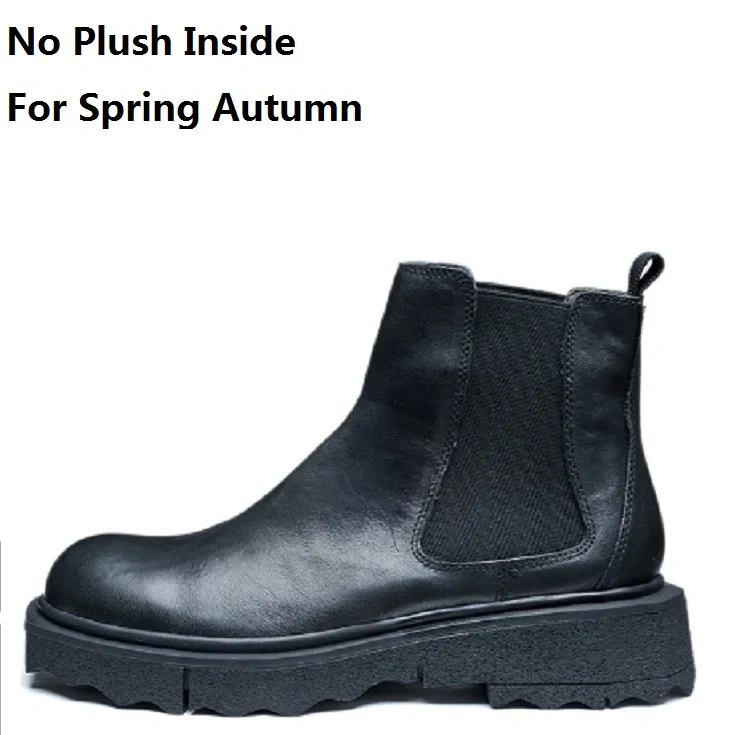 Spring Autumn New British Style Retro Chunky Bottom Simple Sewing Genuine Leather Men Ankle Short Chelsea Boots Winter Plush