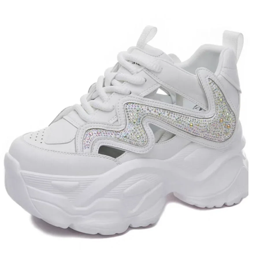 Summer New Korean Style Leisure 10 CM Height Increasing Platform Crystal Cut Out Lace-Up Crystals Genuine Leather Women Casual Shoes Sneakers
