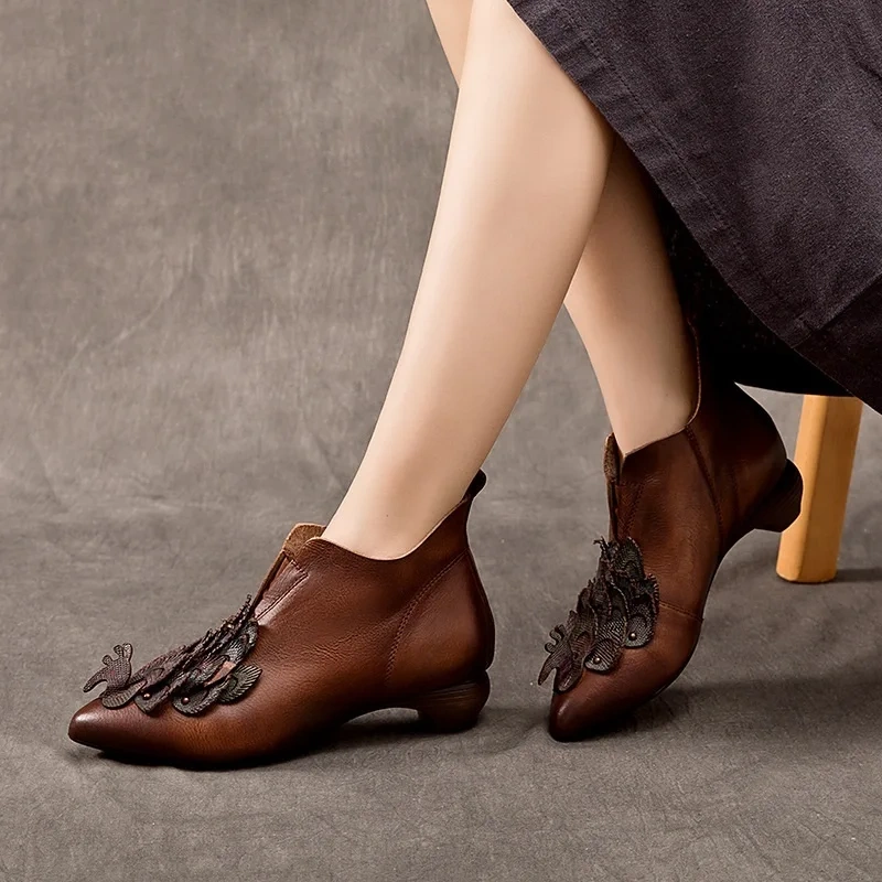 Spring Autumn New National Style Thick Heels Pointed Toe Peacock Slip-On Genuine Leather Women Ankle Short Motorcycle Boots 2505