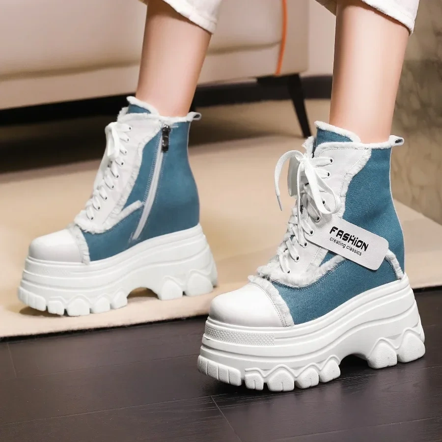 Spring Autumn New Slim Height Increasing Platform Fringe Cross-tied Denim Women Ankle Short Chunky Modern Boots Winter Plush