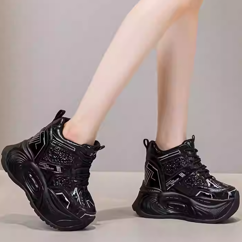 Spring Autumn New Korean Style Slim Height Internal Platform Bling Lace-Up Color Block Genuine Leather Women Casual Shoes Sneakers 60126