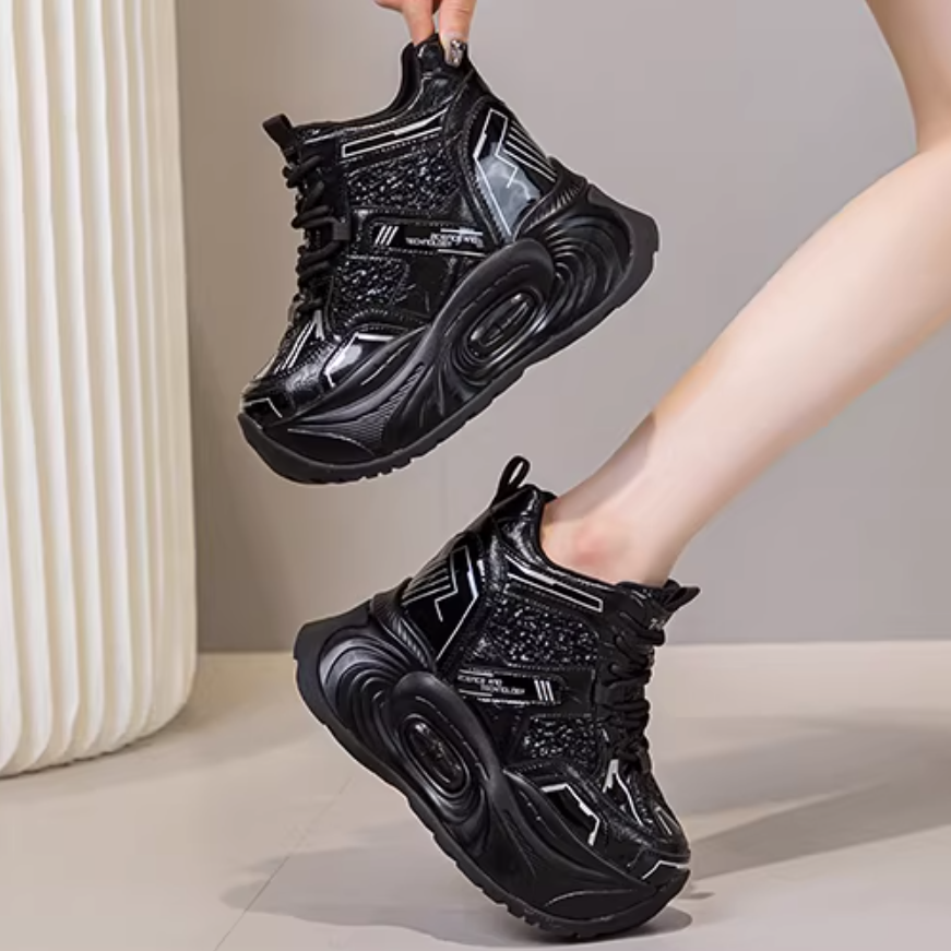 Spring Autumn New Korean Style Slim Height Internal Platform Bling Lace-Up Color Block Genuine Leather Women Casual Shoes Sneakers 60126