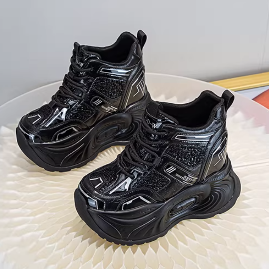 Spring Autumn New Korean Style Slim Height Internal Platform Bling Lace-Up Color Block Genuine Leather Women Casual Shoes Sneakers 60126