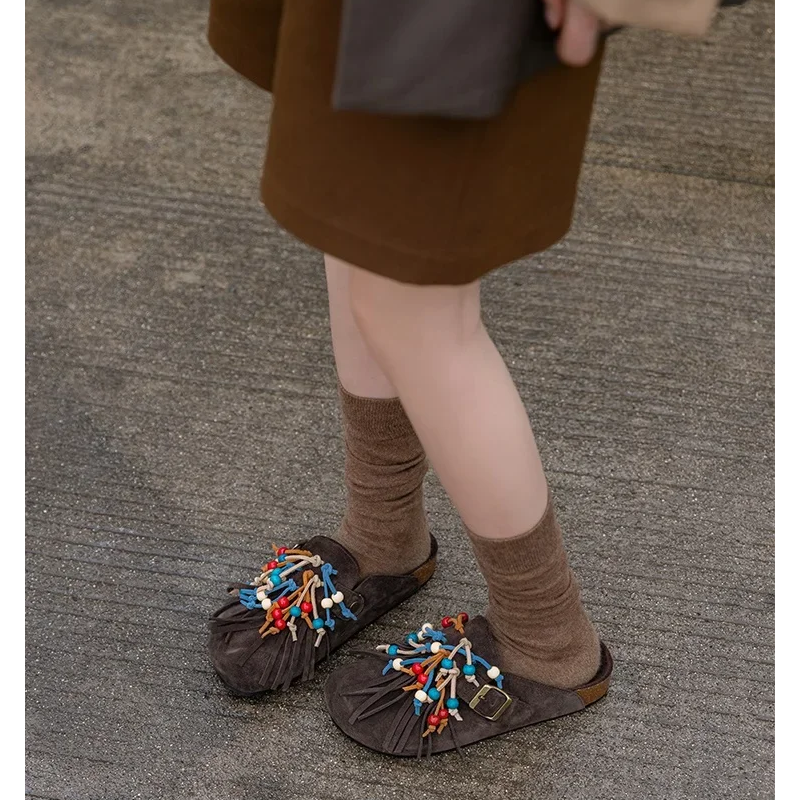 Spring Autumn New Retro Leisure Flat Sole String Bead Fringe Belt Buckle Slip-On Genuine Leather Women Casual Shoes 60126