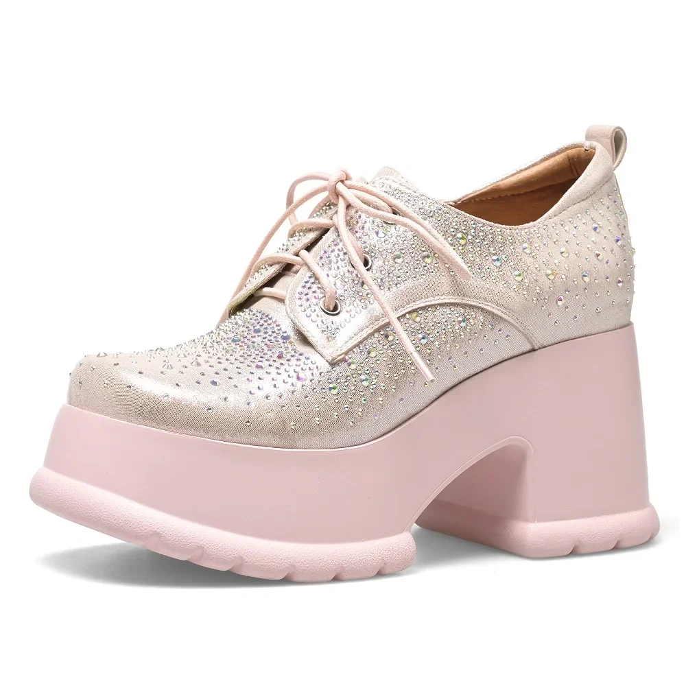 Spring Autumn New Fashion Sexy Height Increasing Square Toe Platform Cross-tied Bling Crystal Pigskin Inside Women Modern Pumps