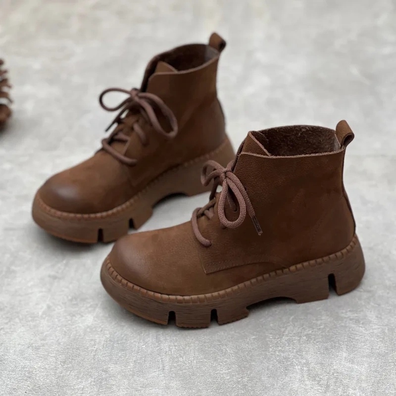 Spring Autumn New British Style Retro Chunky Bottom Platform Sewing Lace-Up Genuine Leather Women Ankle Short Motorcycle Boots