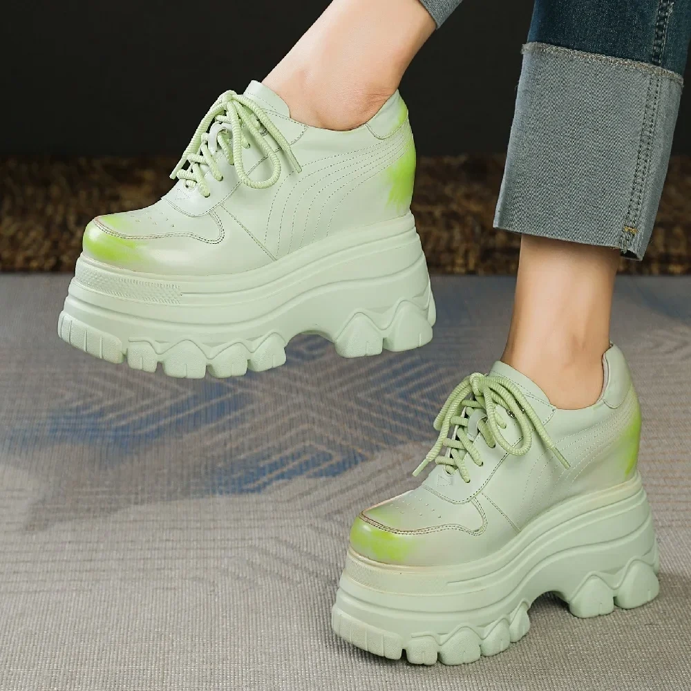 Spring Autumn New Korean Style Slim Height Increasing Platform Mixed Colors Lace-Up Genuine Leather Women Casual Shoes Sneakers